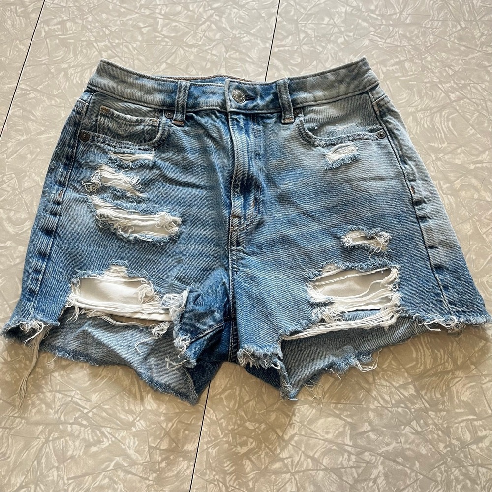American eagle distressed blue denim shorts size 2 cotton high rise summer